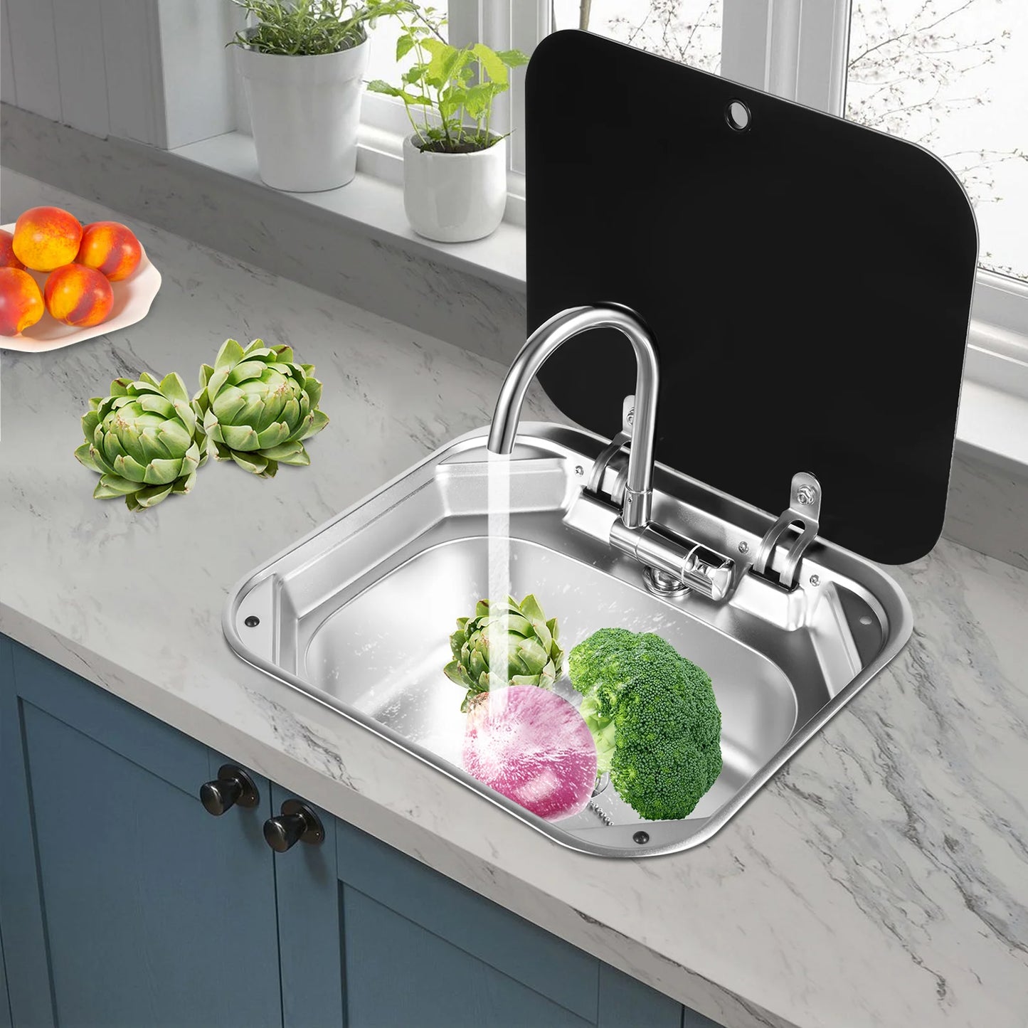 Compact RV Stainless Steel MultifunctionalSink Large-capacity Vegetable Basin Drain With Faucet In Sink