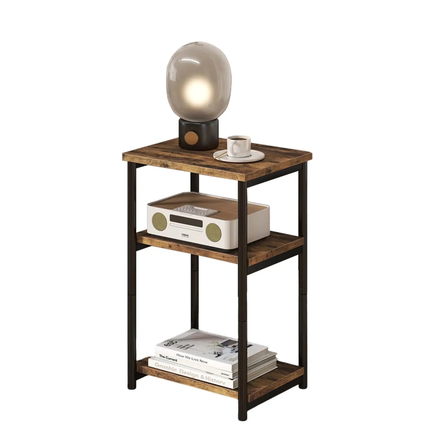 3 Tier End Table, Tall Side Table with Storage, Telephone Tables with Metal Frame Small Nightstand for Small Spaces