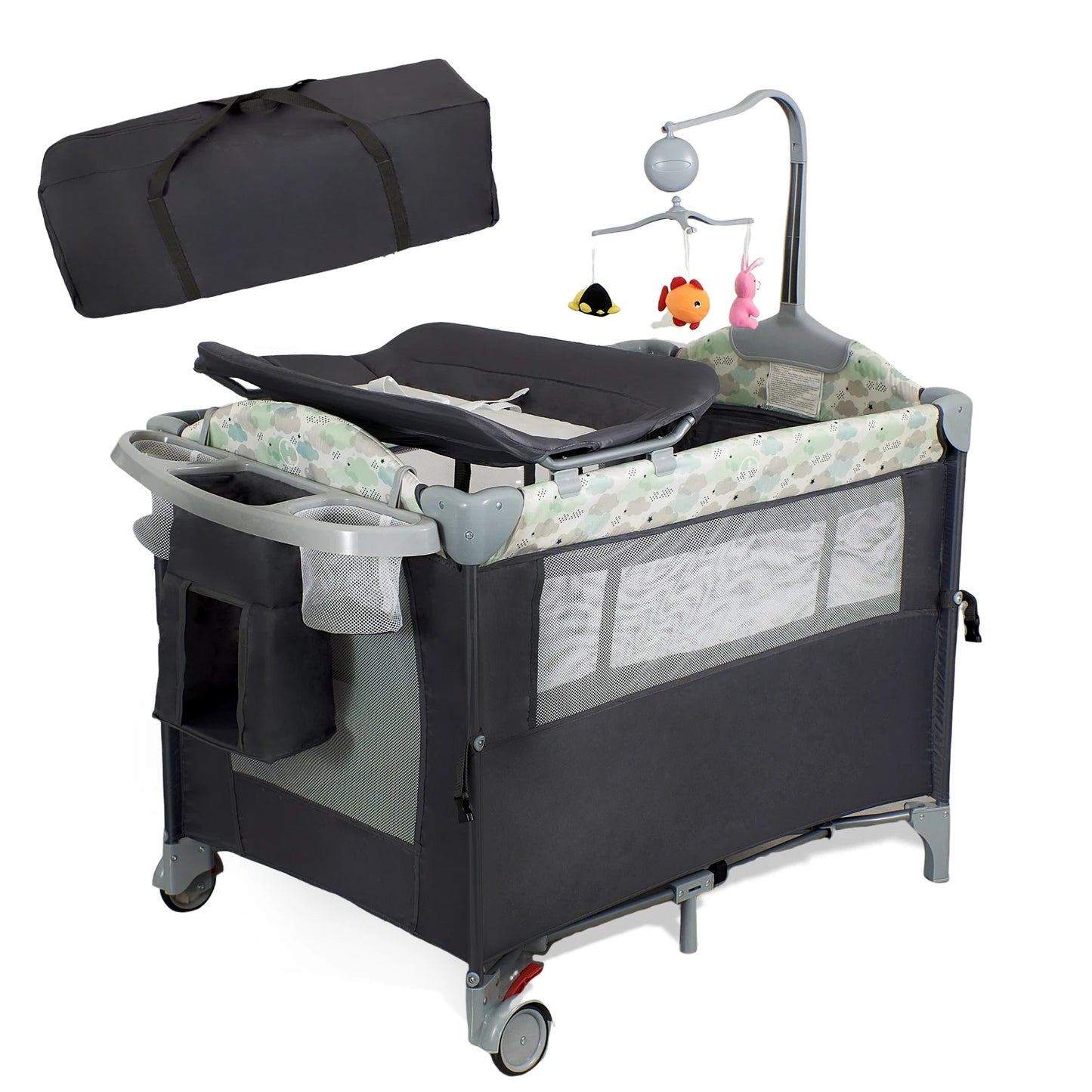 4 in 1 Portable Baby Playard with Changing Table Lockable Wheels Music Box Foldable Baby Crib Suit Infant to Toddler