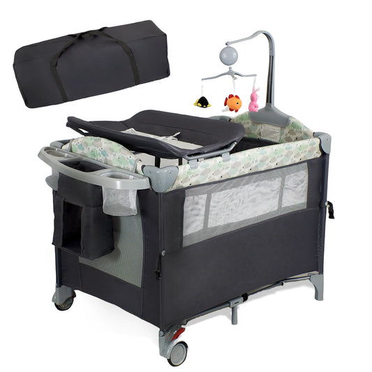 4 in 1 Portable Baby Playard with Changing Table Lockable Wheels Music Box Foldable Baby Crib Suit Infant to Toddler