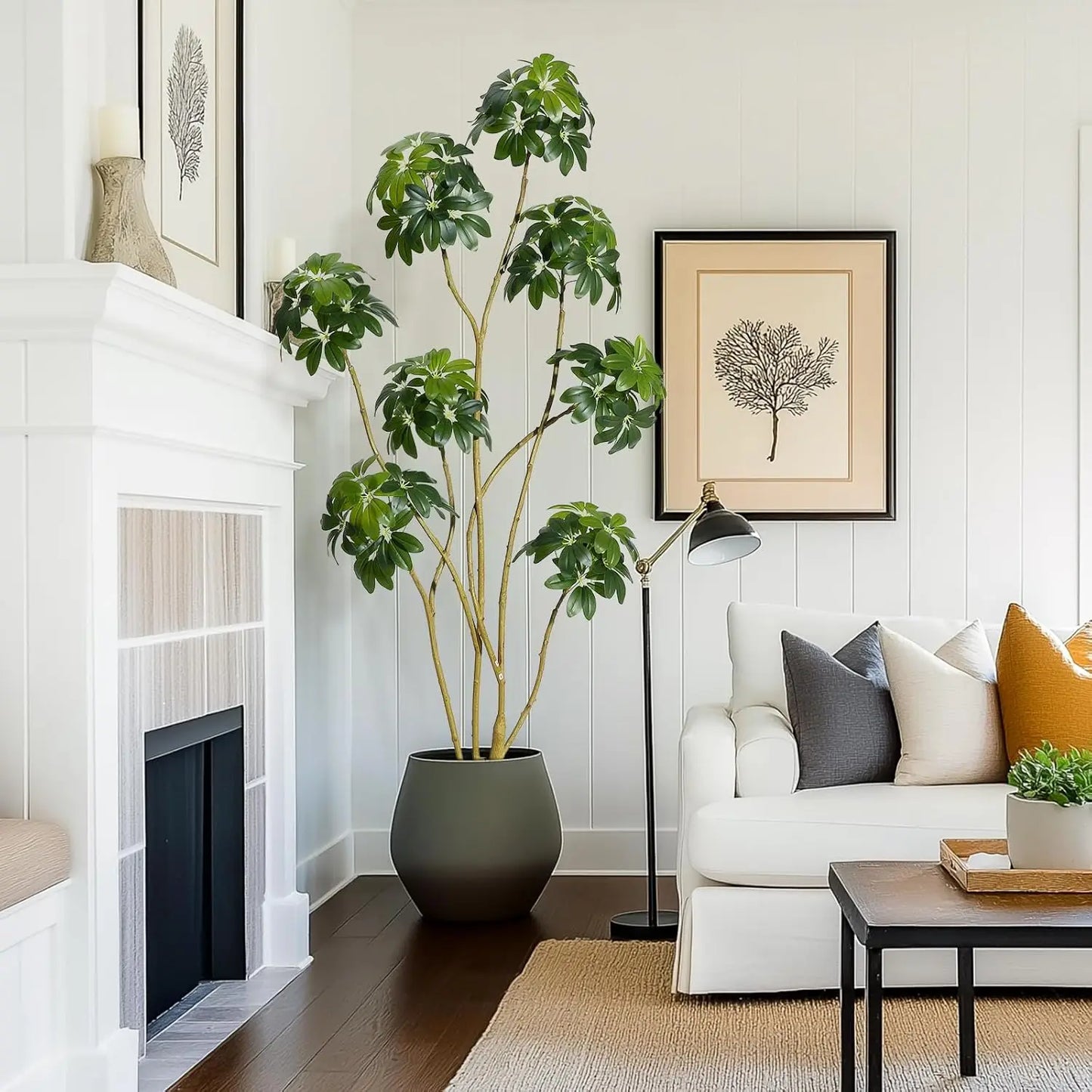 5/6/7ft Tall Fake Umbrella Schefflera Tree in White Pot ,Artificial Umbrella Tree Fake Plants for Home Garden Office Decor