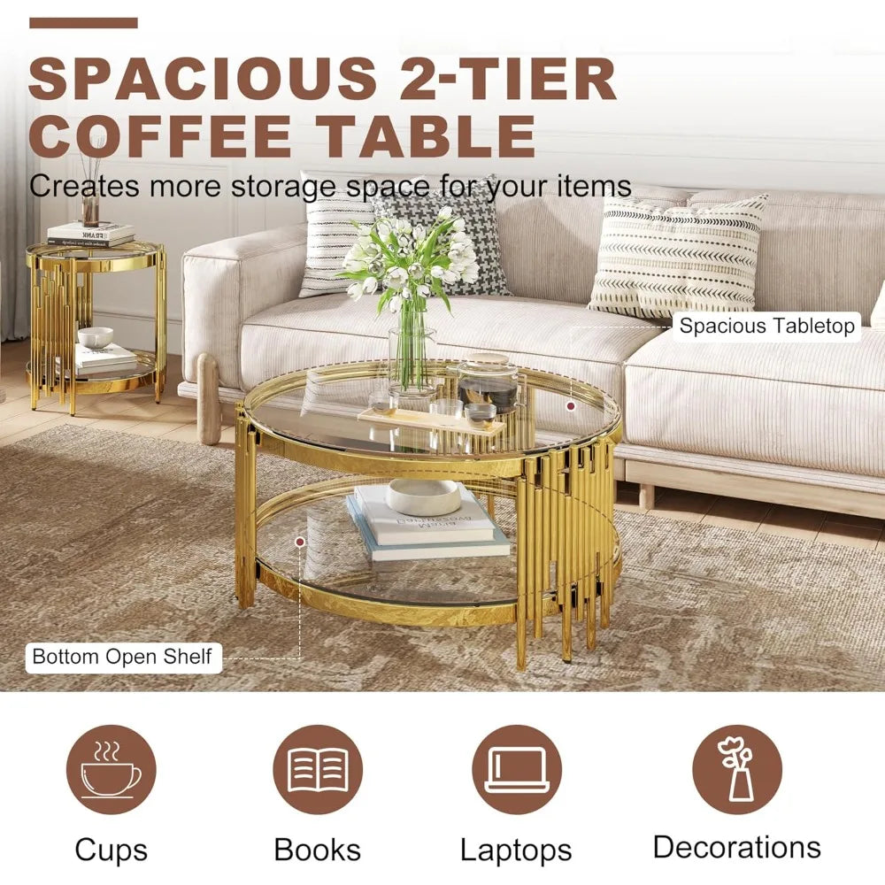 3 Piece Living Room Table Set with 1 Glass Coffee Table and 2 End Tables, 2 Tier Glass Coffee Table Set of 3 with Round Stainles