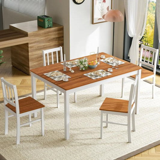 5-Piece Farmhouse Dining Table Set for 4 - Space-Saving Kitchen Dinette Set with 4 Chairs & Rubber Wood Legs