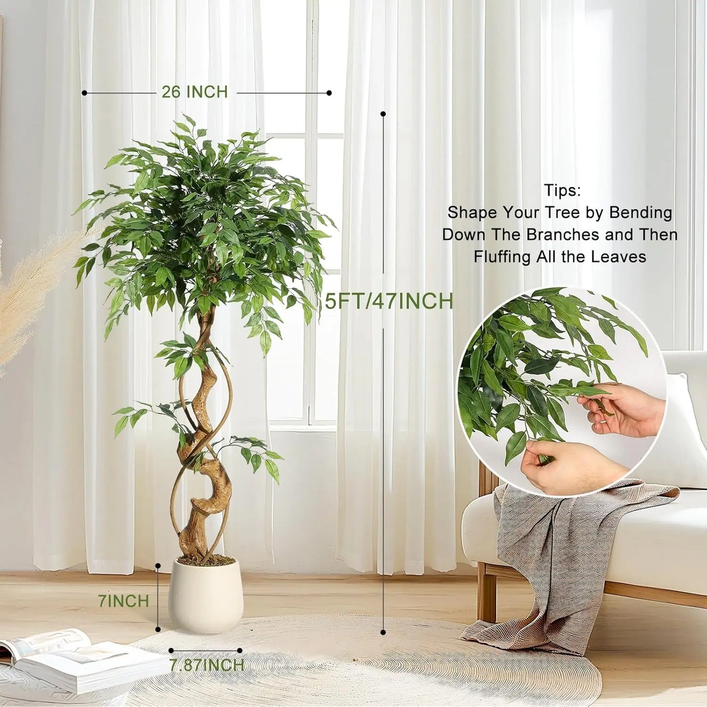 Ficus Tree Artificial, 4FT/5FT/6FT Artificial Plants Indoor in Sturdy White Pot,Indoor Faux Green Tree for Home Decor Indoor