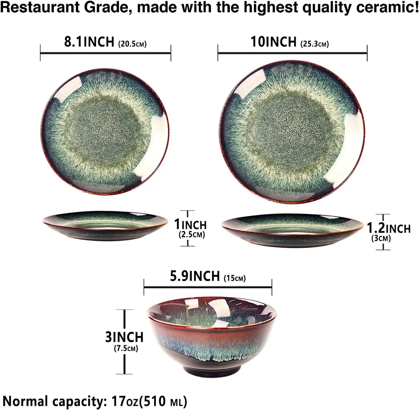 Dinner Set 12 Pieces - Round Reactive Glaze Tableware - Kitchen Dinnerware Porcelain Crockery with Dinner Plate, Bowl and Soup P