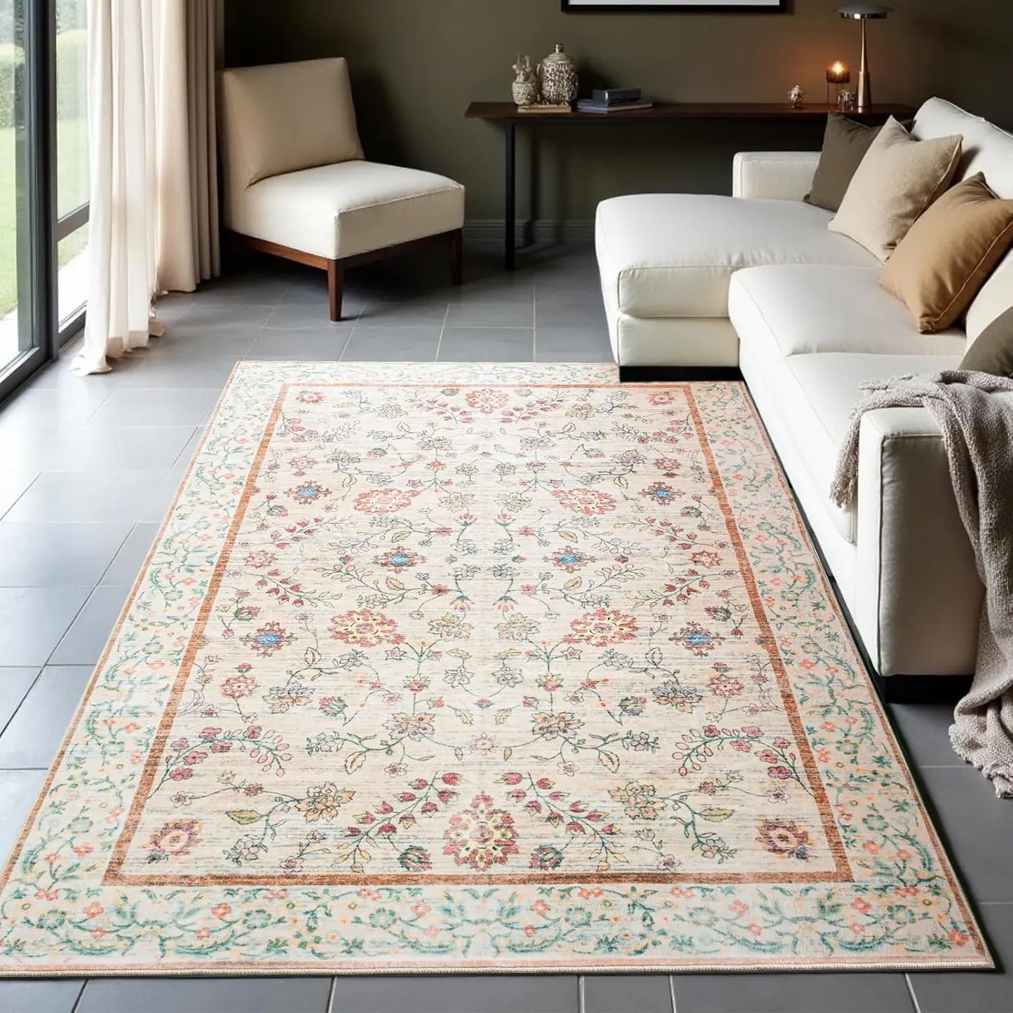 Area Rug Washable Faux Wool Throw Rugs for Living Room,  Non Slip Low Pile Vintage Boho Carpet for Ding Room, Home Office, Bedro