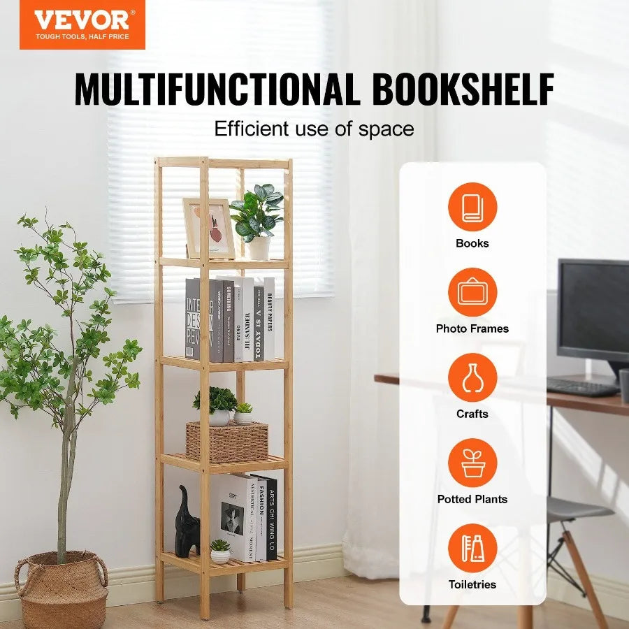 Corner Standing Bookshelf 5Tier Bamboo Ladder Narrow Shelf Plant Stand