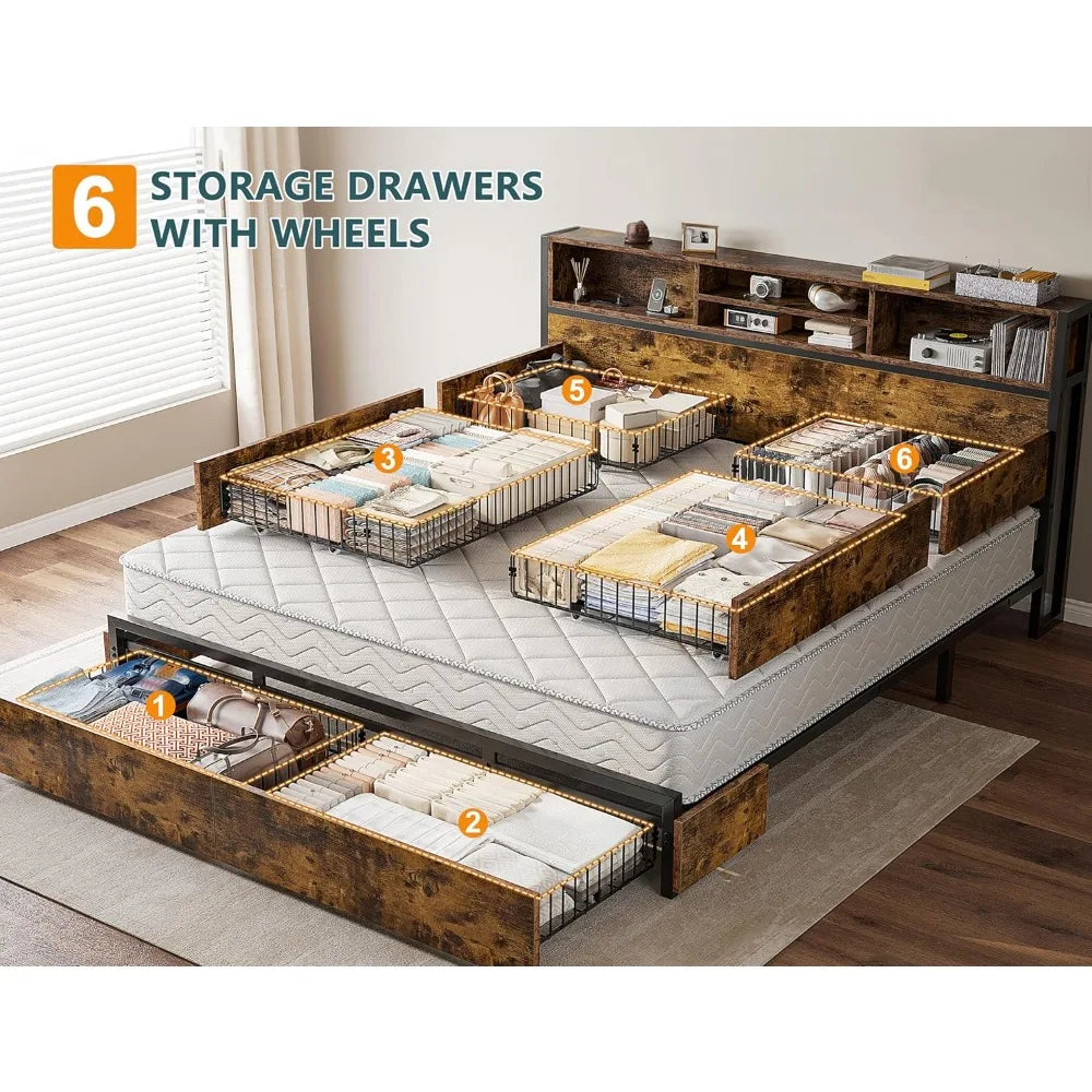 EnHomee King Size Bed Frame with 6 Storage Drawers King Bed Frame and Headboard, Storage Bed with Charging Station, No Noise,No