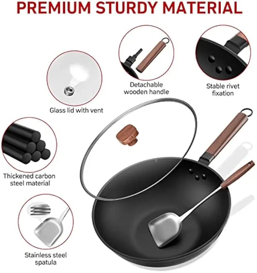 13-Inch Carbon Steel Wok with Glass Lid and Spatula for Induction, Electric, Gas Stoves