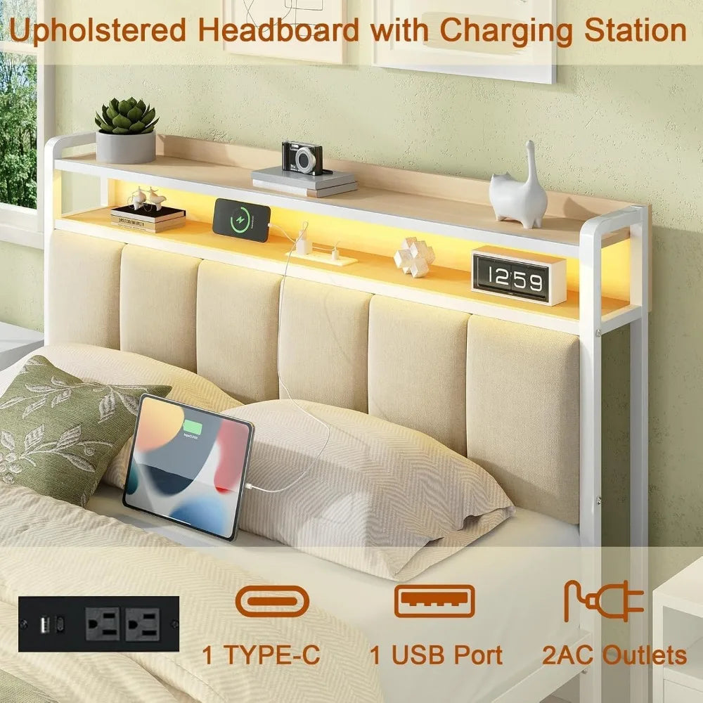 ANGDUO Bed Frame With Storage Headboard And LED Lights