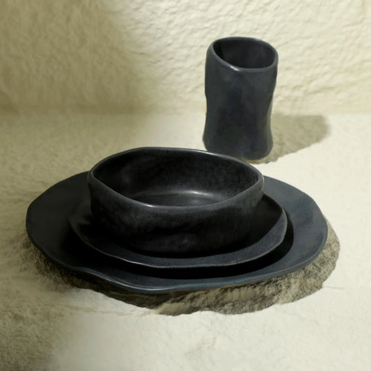 Atik Modern Stoneware 16-Piece Dinnerware Set, Plate and Bowl Set, Dish set for 4, Charcoal Black Speckled