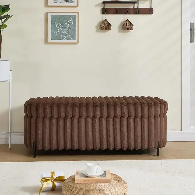 Huanzhuang Faux Rabbit Fur Storage Ottoman Bench Metal Legs