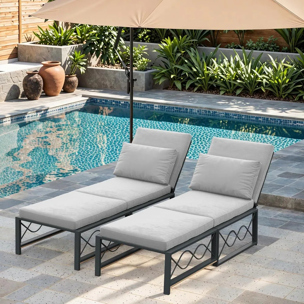 Outdoor Metal Chaise Lounge Chair, Convertible Patio Armchair with Cushions, Adjustable 5-Position Sun Recliner