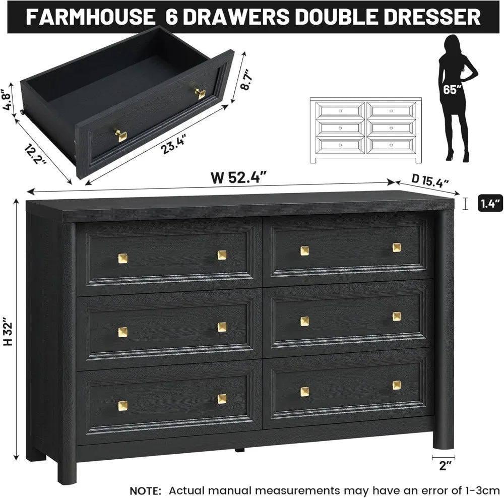 Black Dresser, Farmhouse 6 Drawer Dresser for Bedroom, 52 inch Wide Dressers with Deep Drawers, Vintage Dressers, Solid Wood