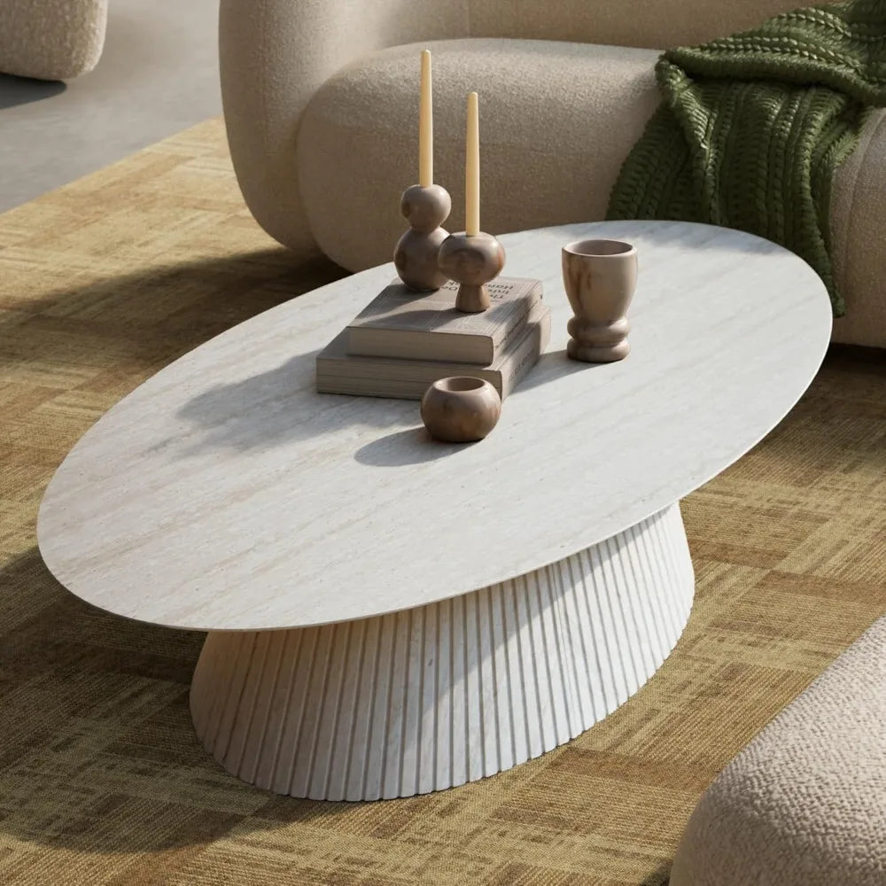 Oval Coffee Table, Modern Faux Stone Coffee Table with Fluted Design, Travertine Tea Table with Tapered Base, Minimalist