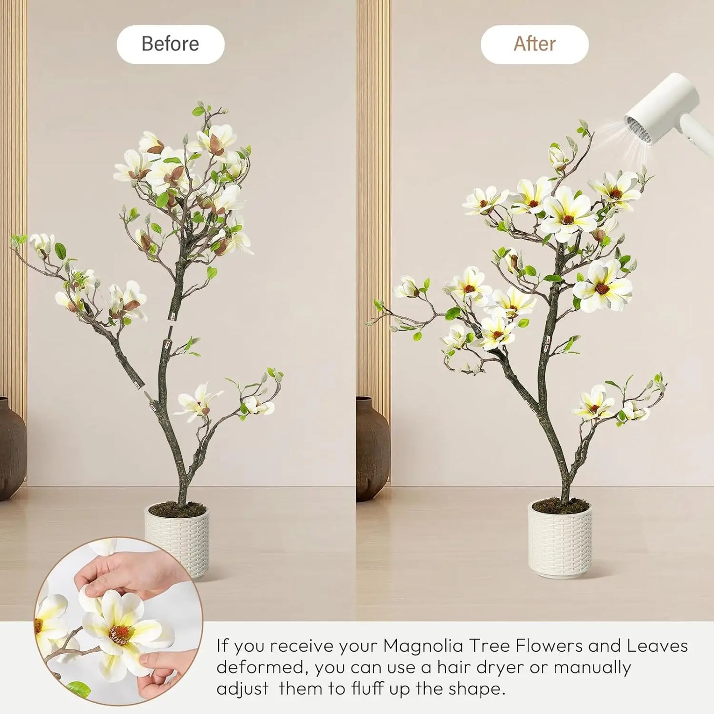 Artificial Magnolia Tree, Lifelike Flowers & Vibrant Leaves in White Pot - Perfect for Home, Office, Patio or Yard Decor