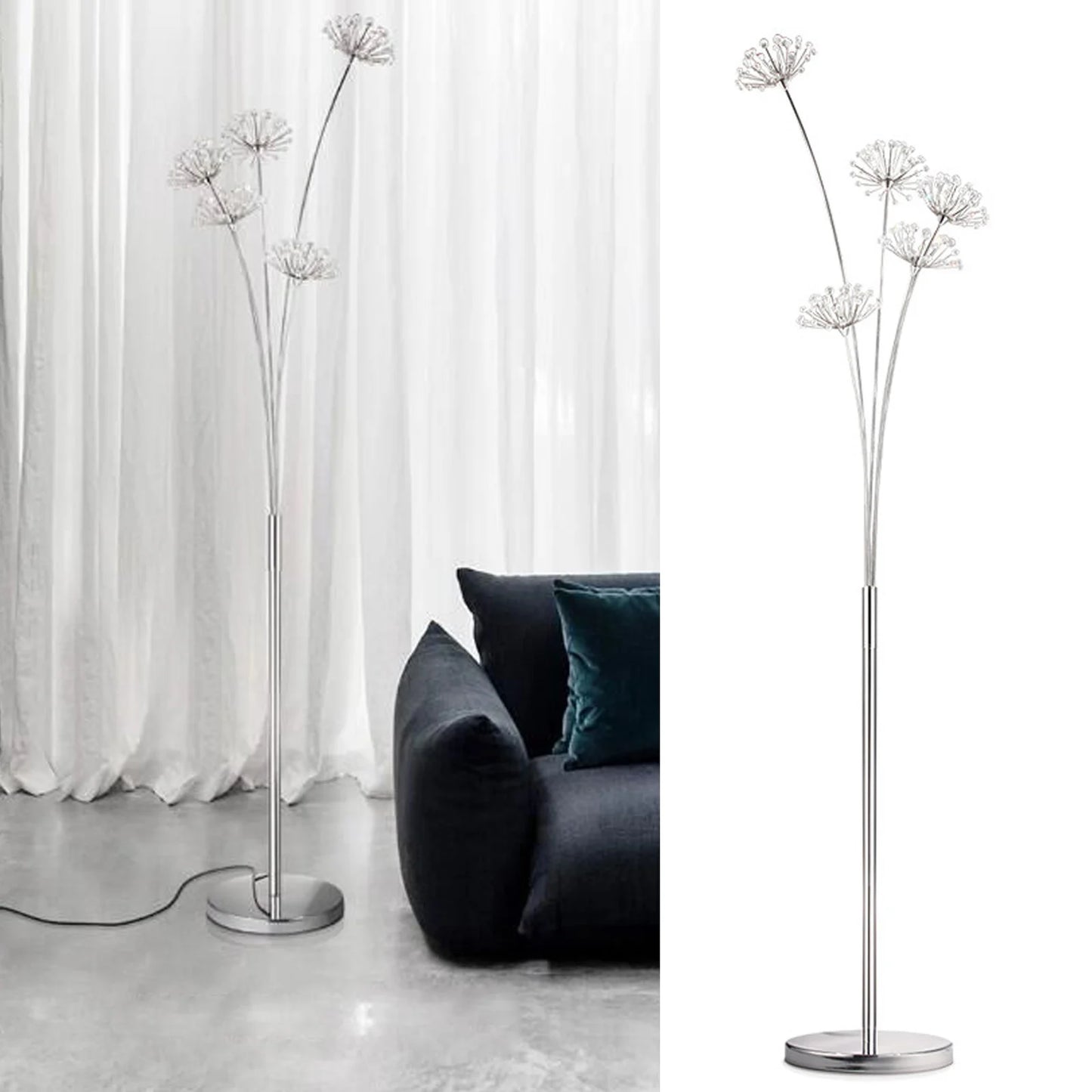 Silver Crystal Floor Lamp, 5-Head, Modern Design, 175cm Height, Stylish Lighting for Living Room