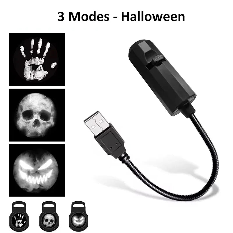 5V Projection Lights Planet Moon Lamp USB Night Light Halloween Christmas Ambiance Skull Ghost Switchable Pattern Projection
