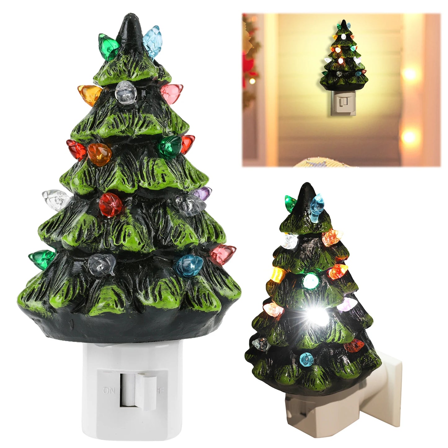 Resin Christmas Tree Night Light 360 Degree Swivel Plug LED Wall Lamps Hand Painted Wall Lights for Kitchen Bedroom Bedside Lamp