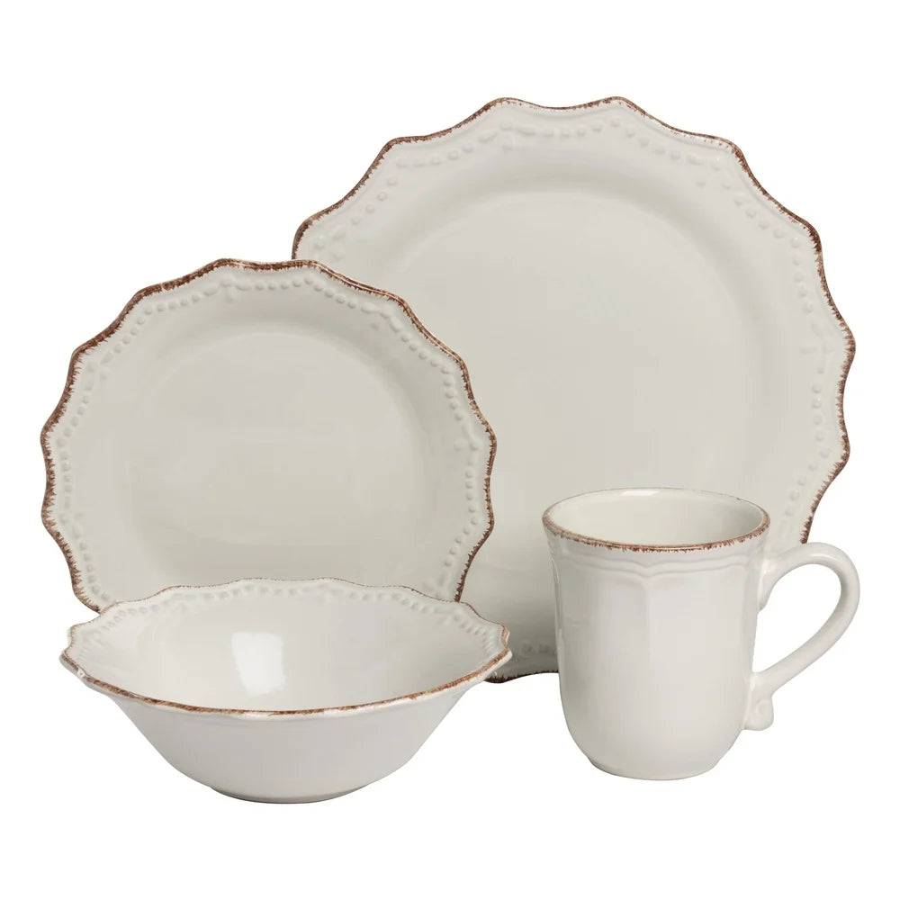 24 Piece Stoneware Dinnerware Set Microwave Safe Vintage Ceramic Beaded Edge Scalloped Rim Elegant Dining Tableware