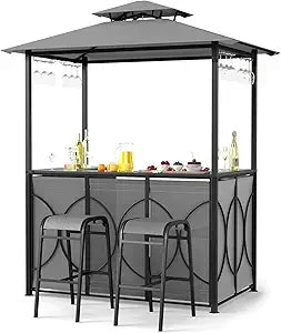 3-Piece Patio Bar Set, Grill Gazebo & 2 Bar Stools with Tempered Glass Bar Table, Metal Storage Shelves, Glass Holders, Double-