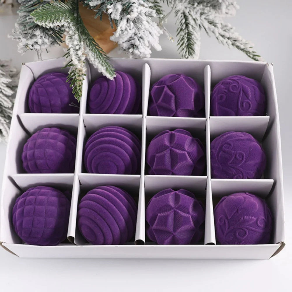 12Pcs/Box 6cm Christmas Flocked Cloth Velvet Balls Pendant Xmas Tree Hanging Ornaments Merry Christmas Decoration New Year Gift
