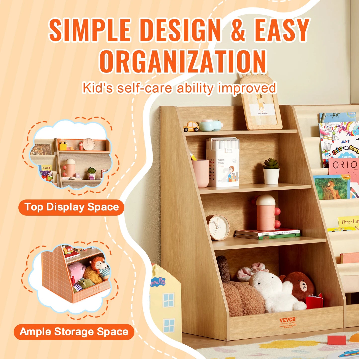 SucceBuy 4-Tier Kids Wooden Bookshelf Six-Layer Sling Bookcase  Storage Book Rack for Kids Room Playroom Kindergarten Nursery