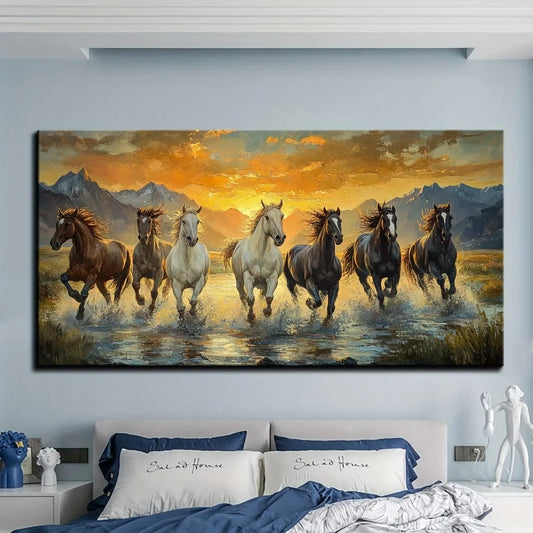 Elegant Feng Shui Seven Horses Canvas Art With Pine Frame