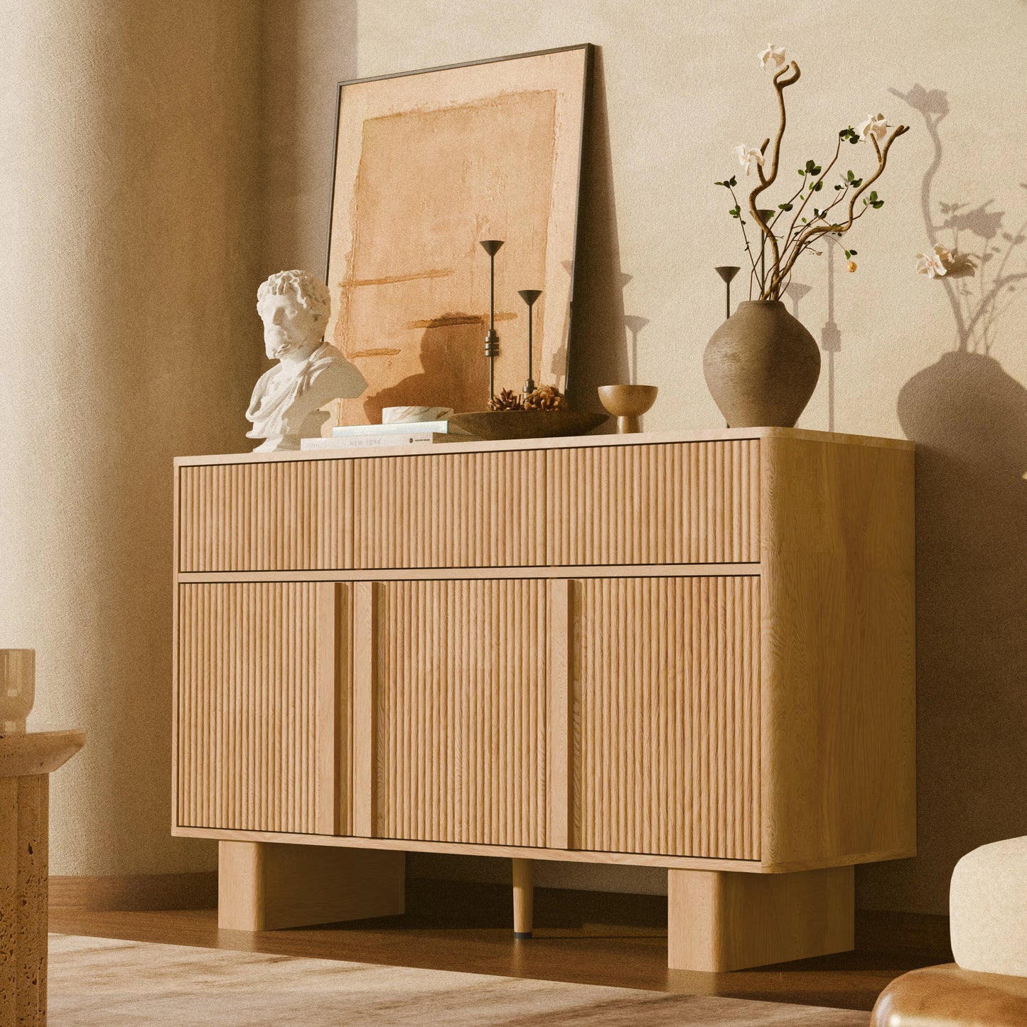 GEGOFORU 47" Sideboard Cabinet with 3 Drawers & 3 Doors, Modern Buffet with 2 Reinforced Legs for Kitchen/Living Room, Light Oak