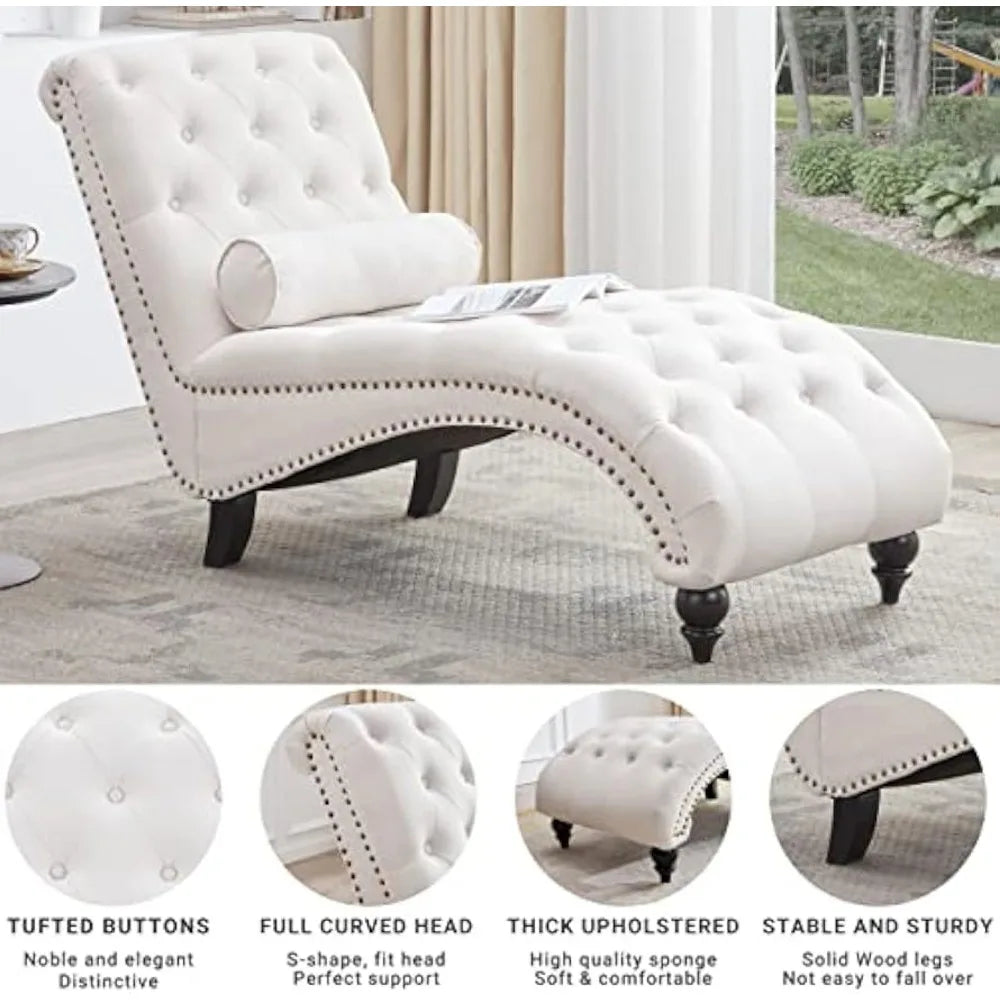 Button-Tufted Chaise Lounge with Support Pillow, Upholstered Chaise Lounge Chair,Armless Rolled Backrest Leisure Sofa Recliner