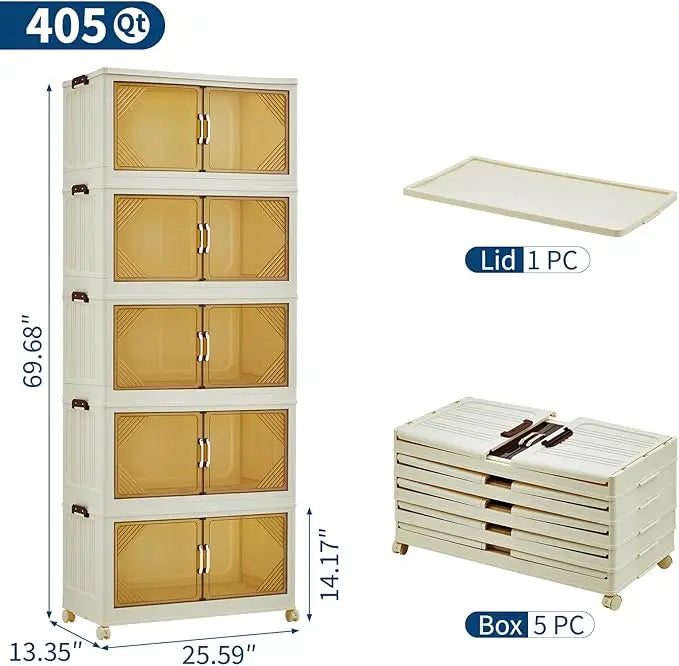 504QT Stackable Storage Bins, Plastic Bins for Storage with Lids,Magnetic Doors,Foldable Collapsible Closet Organizers for Home