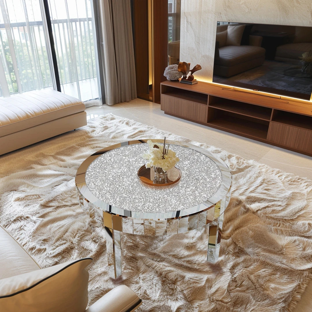 Luxury Round Mirror Coffee Table Crystal Diamonds Inlay