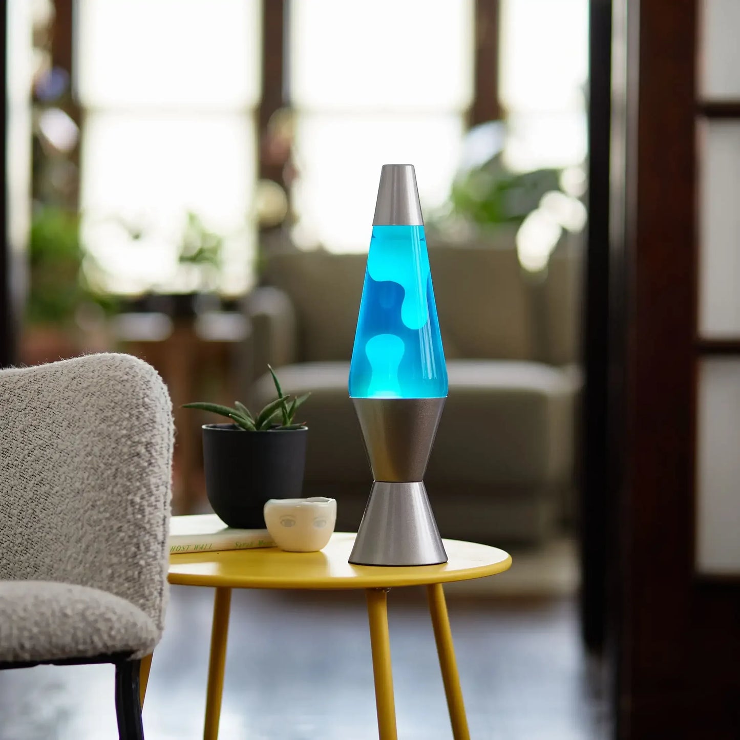 【14.5" White Wax Lava Lamp】Blue Liquid, Silver Base, 25W Bulb. Mood Lighting for Bedroom