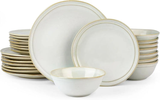 Aegean Stoneware Dinnerware Set for 8, Plates and Bowls Sets, 24 Pieces Scratch Resistant Dinner Set, Handmade Irregular Round D