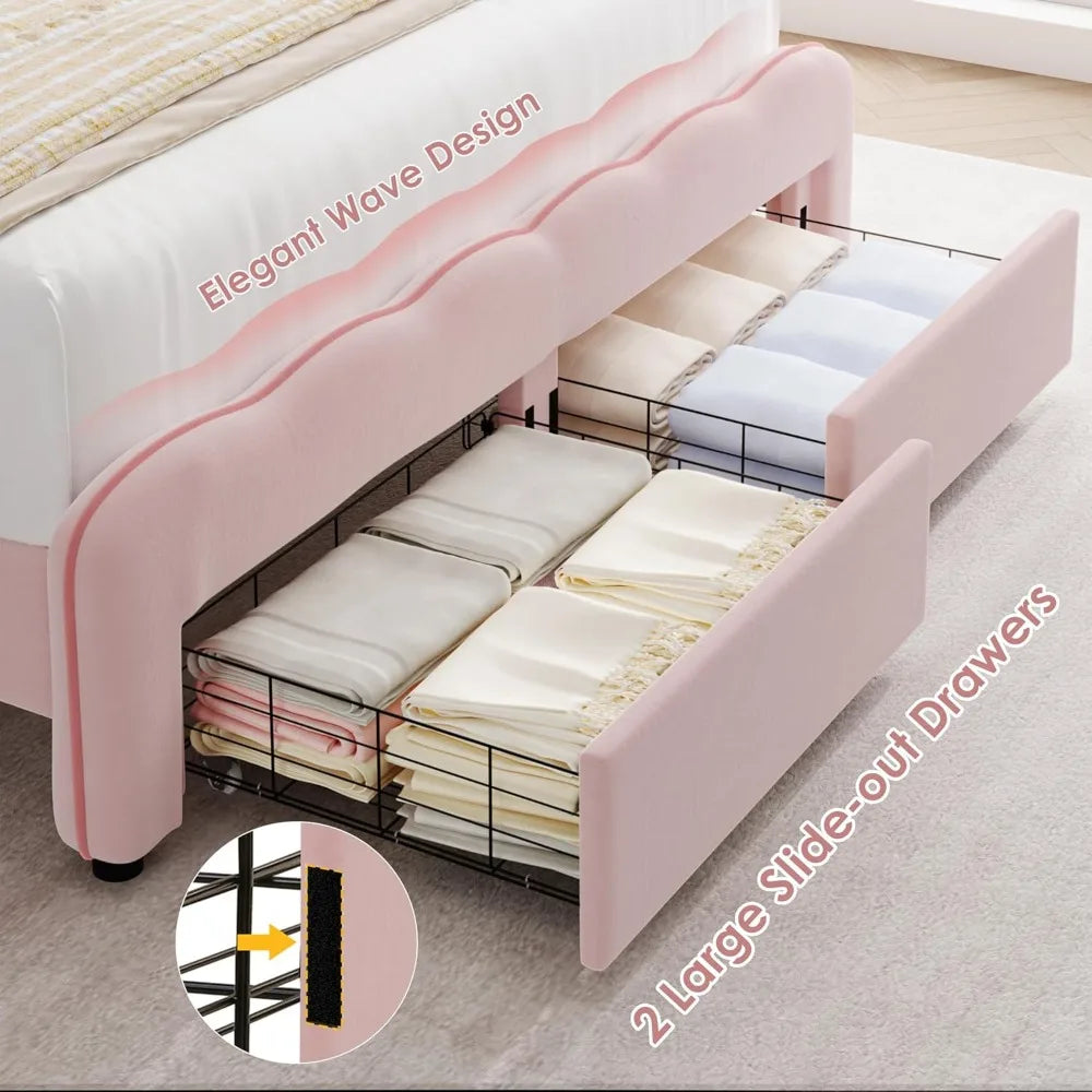 Full Upholstered LED Bed Frame with Storage Drawers, with Adjustable Lotus Headboard, Velvet Princess Platform Bed Frame