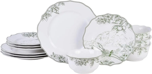 Hudson Valley 12-Piece Porcelain Dinnerware Set - Service for 4, Plate & Bowl Set, White with Green Floral and Fauna Traditional