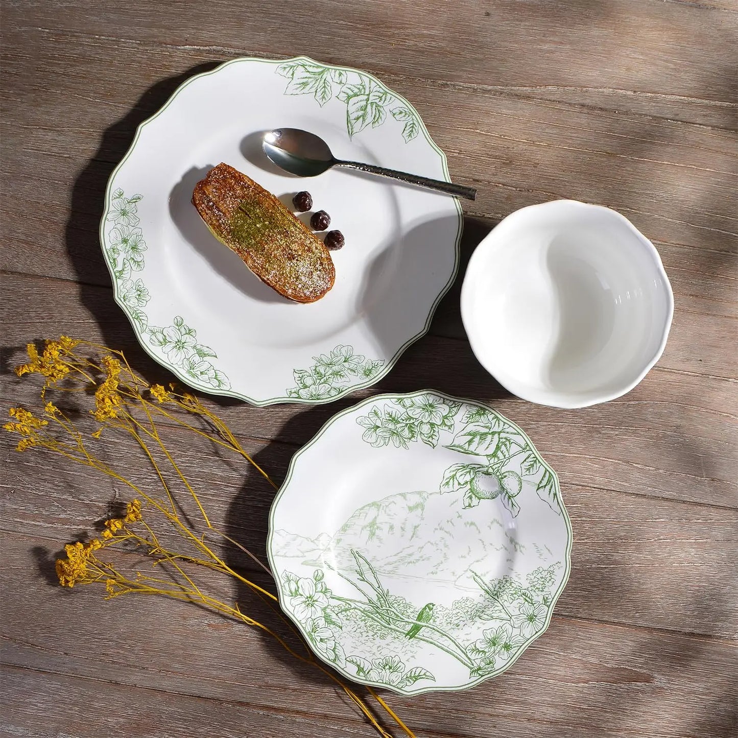 Hudson Valley 12-Piece Porcelain Dinnerware Set - Service for 4, Plate & Bowl Set, White with Green Floral and Fauna Traditional