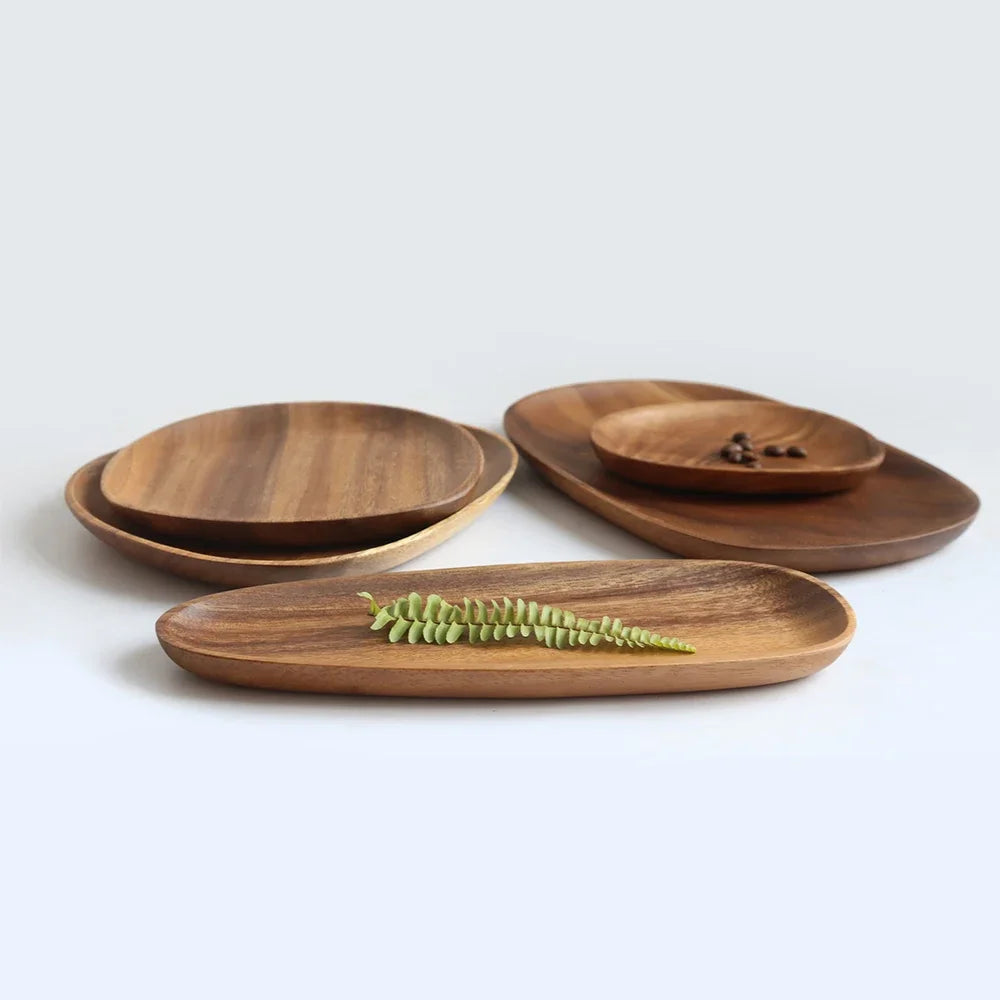 Walnut Acacia Irregular Oval Solid Wood Dinner Plate Tray