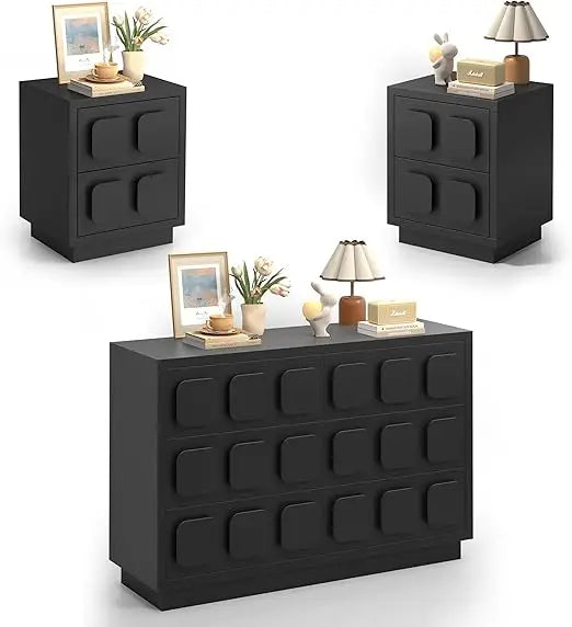 3 Pcs Bedroom Sets, Large 6 Drawer Dresser and Night Stand Sets for Bedroom with Chocolate Handle, Two Drawers Nightstand Set o