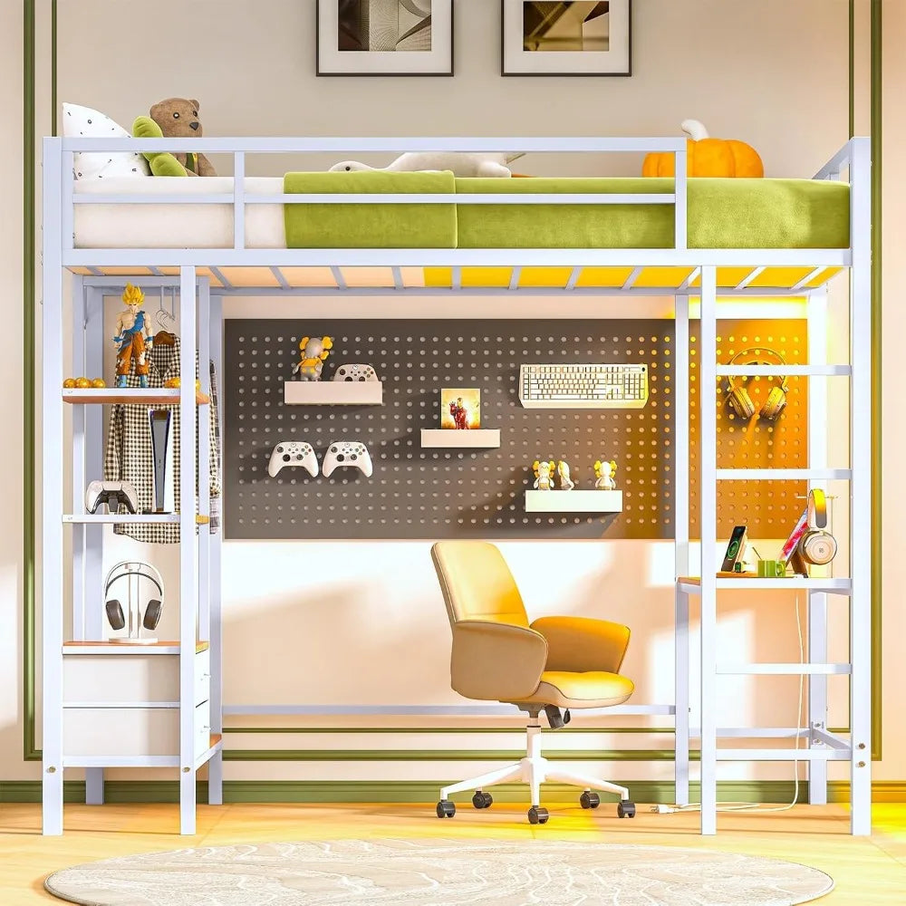 Metal Loft Bed Twin Size with Desk and Charging Station White Twin Loft Bed with LED Lights, 4 Storage Shelves and 2 Fabric Dra