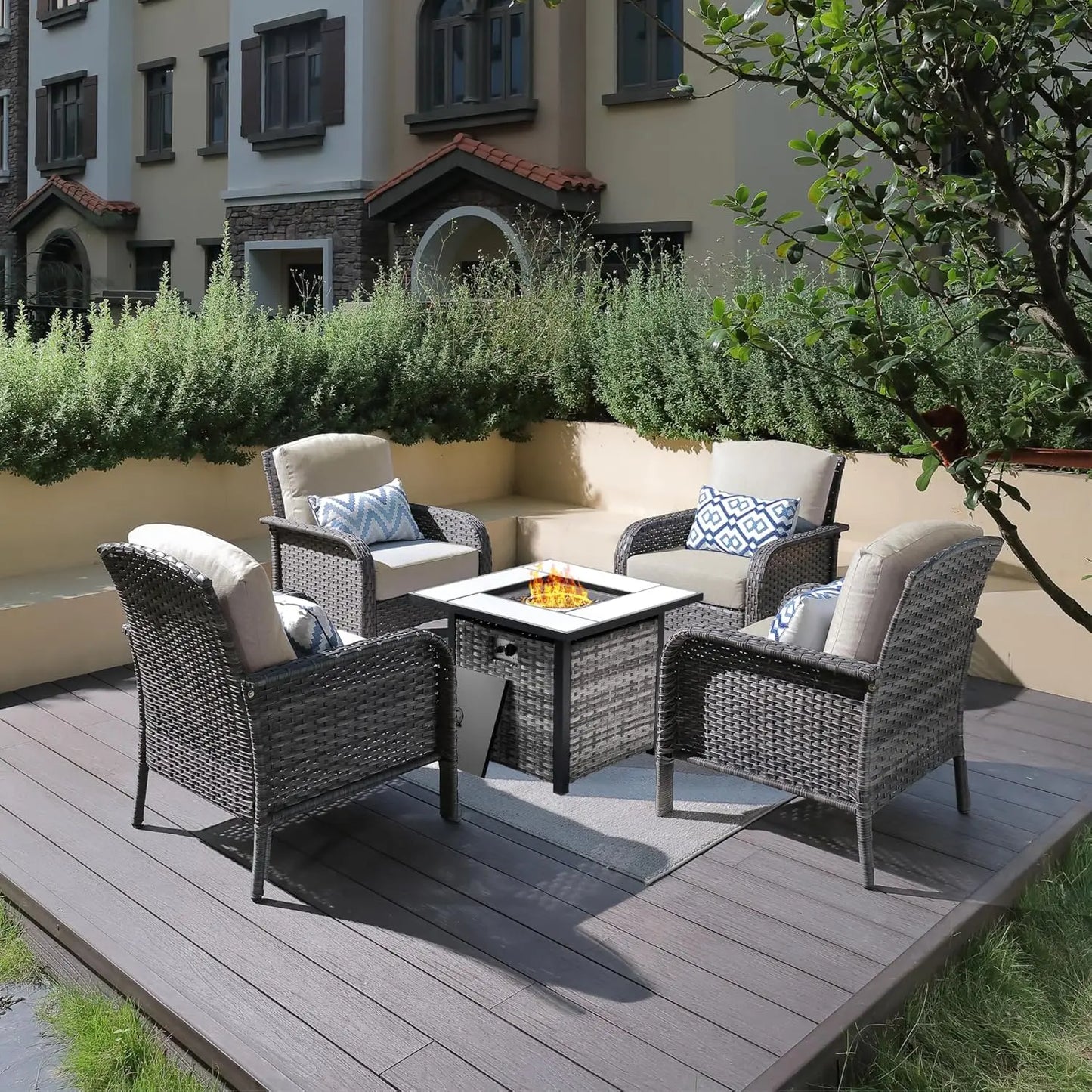 4 Pieces Patio Furniture Set with 30" Fire Pit Table, Outdoor Wicker Chairs of 4, All Weather High Back Rattan Chairs 4-Seater w