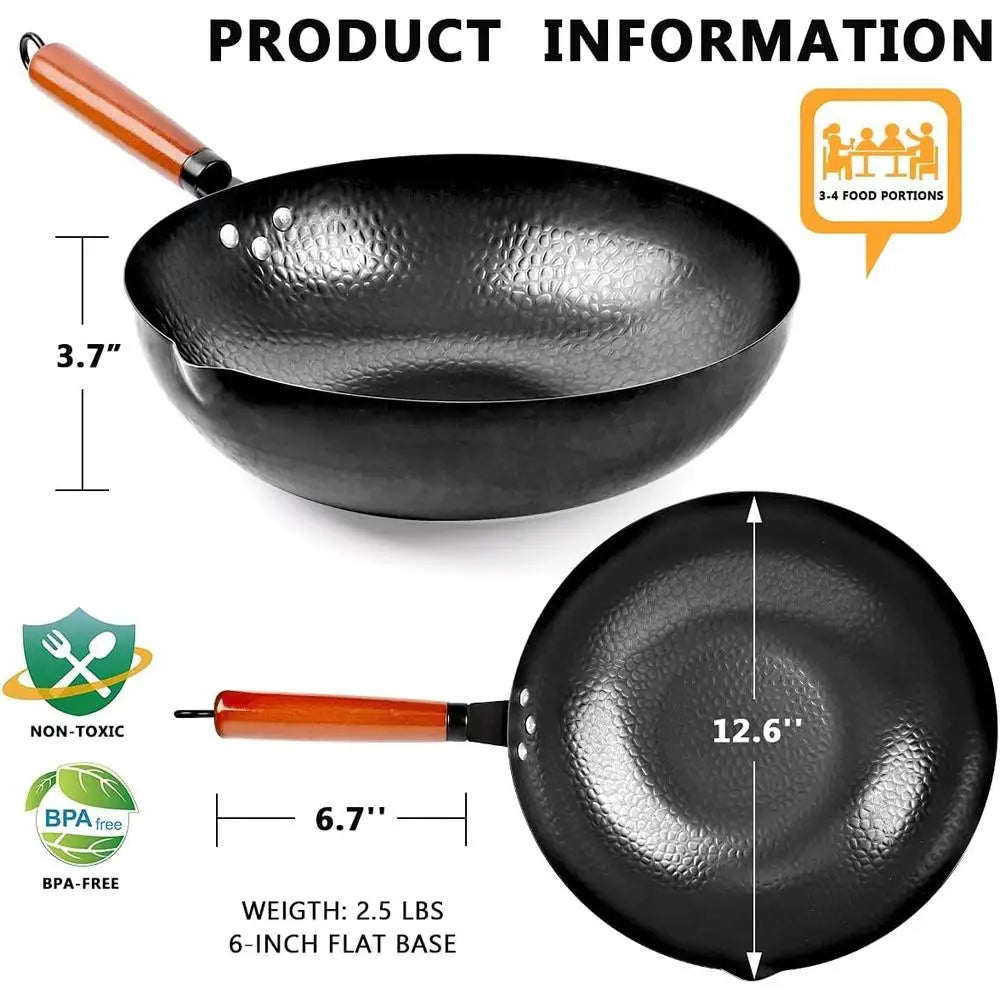 14 Piece Wok Pan Set with Wooden Lid Spatula Brush Kitchen Cookware Stir Fry Utensils Chinese Cooking Essentials