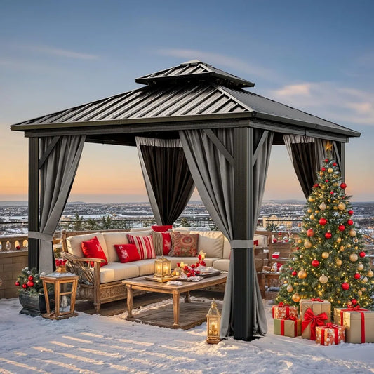 10x10ft Hardtop Gazebo with Nettings and Curtains, Heavy Duty Double Roof Galvanized Steel Outdoor Combined of Vertical Stripes