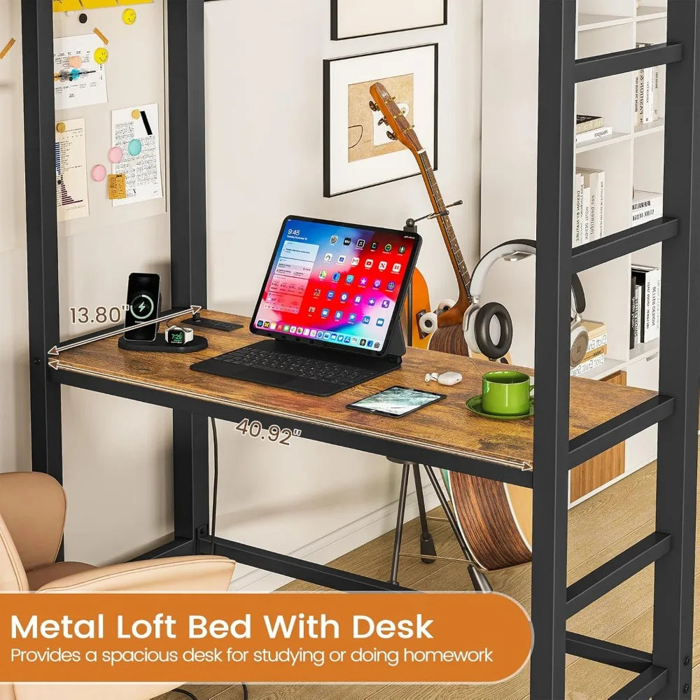 Loft Bed Twin Size with Desk and Charging Station Metal Twin Loft Bed with LED Lights, 4 Storage Shelves & 2 Fabric Drawers, Tw