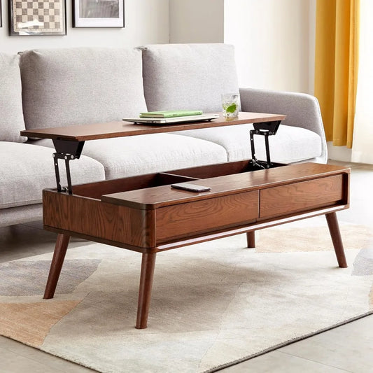 100% Solid Oak Wood Coffee Table, Lift Top Walnut Coffee Table with Drawers and Hidden Compartments, Rectangular Coffee Tables w