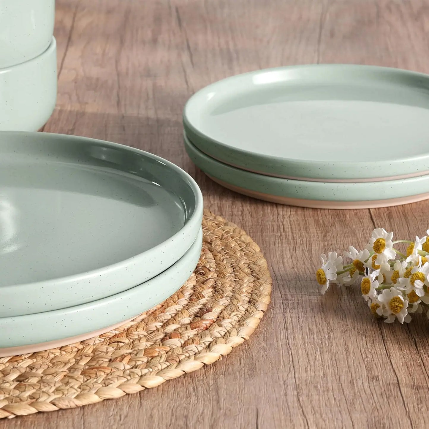 Stoneware Dinnerware Sets, 18-Piece Plates and Bowls Set for 6, Dishes Set for Home Restaurant, Speckled Asparagus Green