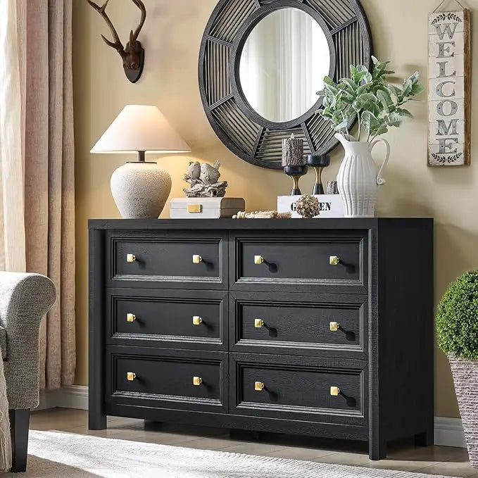 Black Dresser, Farmhouse 6 Drawer Dresser for Bedroom, 52 inch Wide Dressers with Deep Drawers, Vintage Dressers, Solid Wood