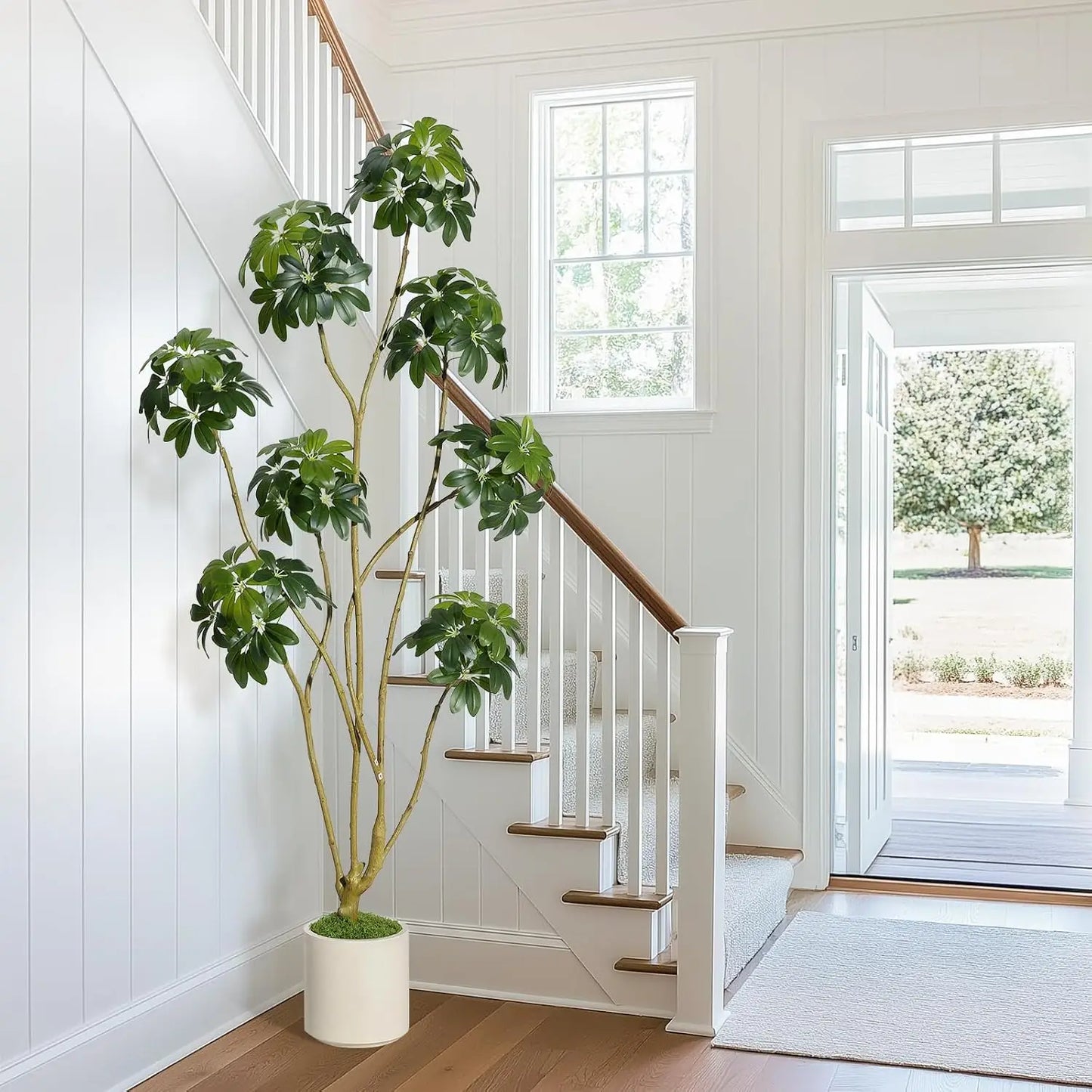 5/6/7ft Tall Fake Umbrella Schefflera Tree in White Pot ,Artificial Umbrella Tree Fake Plants for Home Garden Office Decor