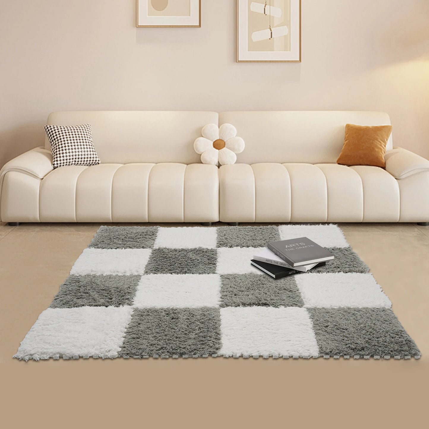 Fluffy Rugs Square 16Pcs Floor Mat Gray and White Carpet for Children Kids Room Home Parlor Bedroom