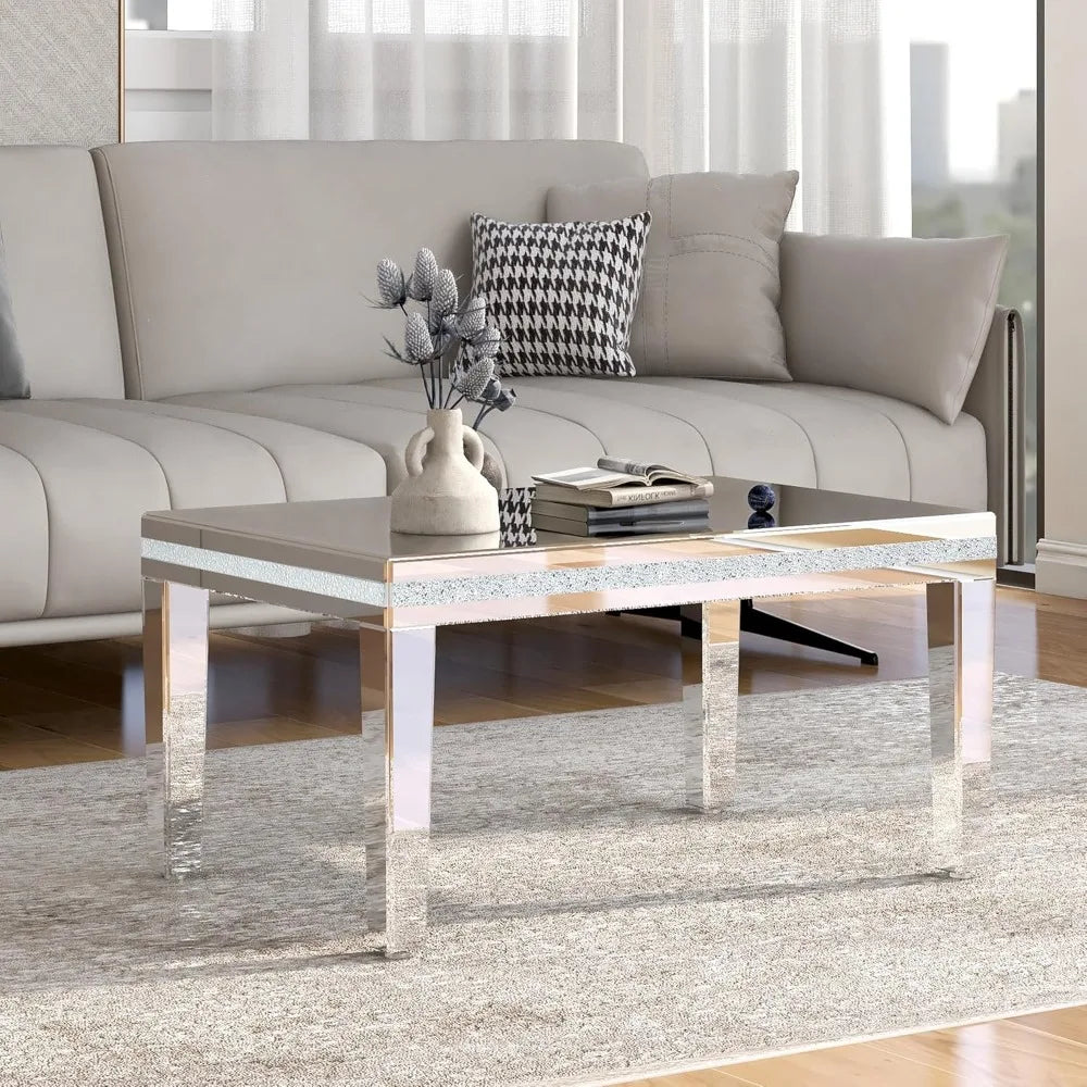 Luxury Silver Mirrored Coffee Table with Crystal Accents